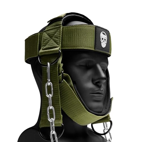 Gymreapers Neck Harness Weight Lifting - Neck Trainer Workout Equipment - Heavy Duty Stainless Steel Chain, Adjustable Neoprene Head Strap, Exercise Equipment for Strength & Pain Relief - color: OD Green