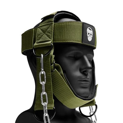 Gymreapers Neck Harness Weight Lifting - Neck Trainer Workout Equipment - Heavy Duty Stainless Steel Chain, Adjustable Neoprene Head Strap, Exercise Equipment for Strength & Pain Relief - color: OD Green
