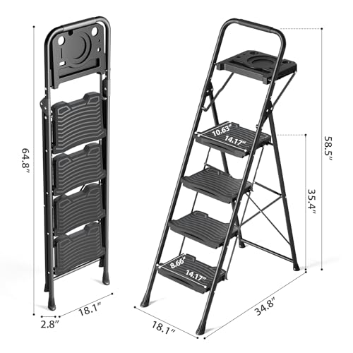 KINGRACK 4 Step Ladder with Tool Platform, Sturdy Step Stool, Anti-Slip Wide Pedals, Handrail, Foldable Step Ladder, Pass 900LBS Testing, Multi-Use for Home, Garage, Garden, Painting, Black - size: 4-step with tool tray and handrail