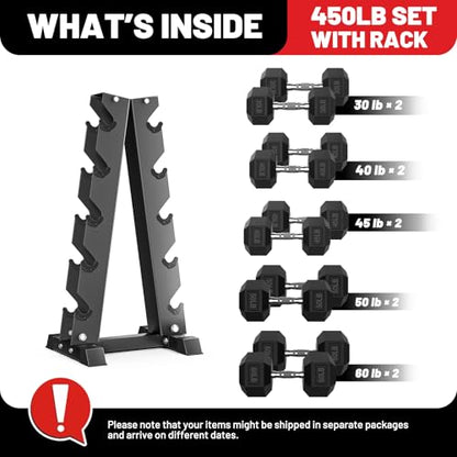 PAPABABE Hex Dumbbell Set with Rack, 85-560lb Rubber Encased Dumbbell Free Weights Dumbbells Set with Storage Rack, Hand Weights Set for Strength Training - style: 450lb (30, 40, 45, 50, 60lb)x2& Rack