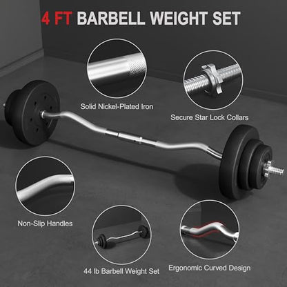 Yaheetech Curl Bar with Weights Adjustable Dumbbell Barbell Set with Weights Strength Training Bars Black - size: 44 lbs