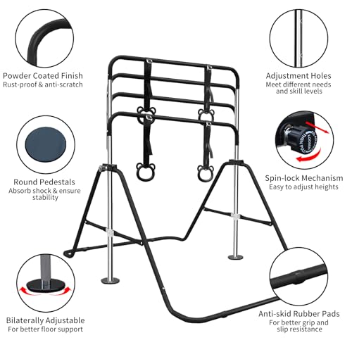 Kids Gymnastics Bar, Adjustable Horizontal Bar with Removable Bear Rings, Multi-Functional Training Bar for Children 3-12 Years, Home Use Junior Gymnastic Equipment for Strength