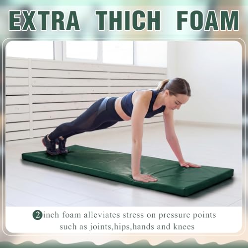 Lyrow 2 Inch 72"x24" Thick Foldable Yoga Mat with Carry Strap, Non-slip Portable Foam Gym Mat for Yoga, Pilates and Stretching - color: Dark Green