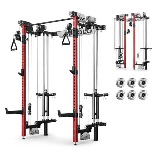 Mikolo Folding Squat Rack, Wall Mounted Power Rack with Cable Crossover Machine & LAT Pull Down, Functional Trainer with 5 Adjustable Function Modes, for Home Gym and Space Saving - color: Red, size: WR02 Pro-Forge (Rack Only)