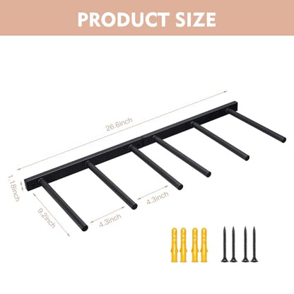 Wall Mounted Jump Rope Rack - 6 Peg Heavy-Duty Metal Gym Organizer for Resistance Bands, Hoops, and Ropes - Black Finish - Home/Gym Storage