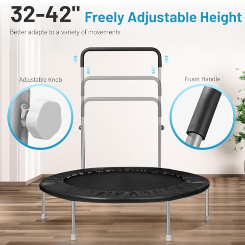 40" / 48" Rebounder Trampoline for Adults with Adjustable Bar, Mini Fitness Trampoline for Adults and Kids, Small Exercise Trampoline with Handle for Indoor Outdoor Workout