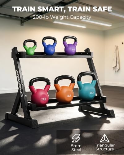 Mikolo Neoprene Coated Cast Iron Kettlebells 5-30LB Set, Solid Weight Set with Wide Grip Handle and Flat Bottom, Ideal for Full Body Strength Training at Home Gym - size: Rack Only