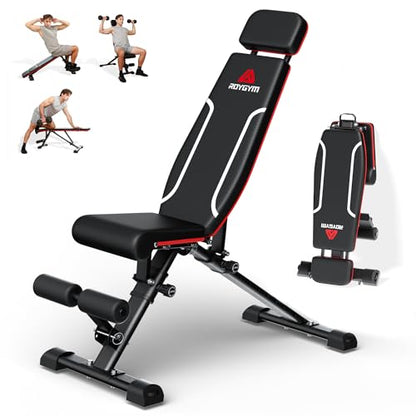 Folding Weight Bench, 880LB Foldable Workout Bench with Extended Headrest for Bench Press Workout Training, Incline Decline Bench