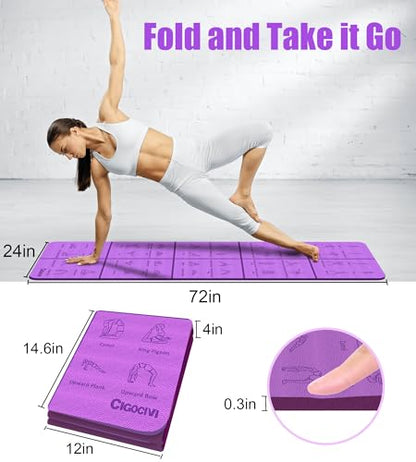 Foldable Thick Yoga Mat with Asanas Poses -Christmas Gifts for Wife and Girls, Non-slip 8mm Thicken Instructional Exercise Mat for Home Workout, 72"x24"x0.3" (Purple) ﻿
