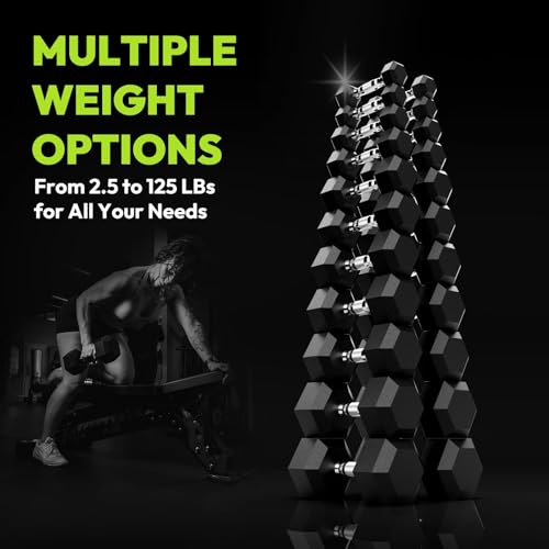 HANDBODE Rubber Coated Hex Dumbbell Set, 90-640 lb - size: 150 lb set (pair of 10, 12.5, 15, 17.5, 20)