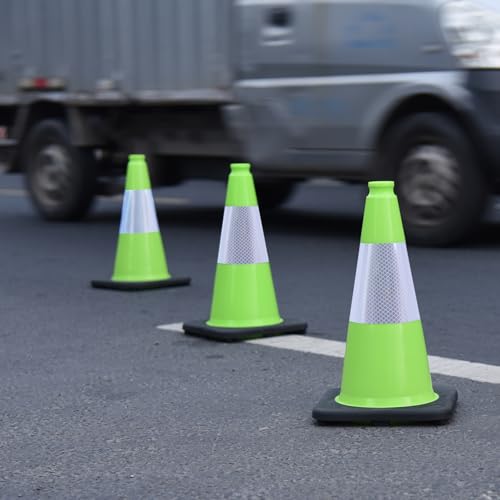 6 Pack 18 Inch Green Reflective Traffic Cones, Durable Black Base Safety Cones for Parking Lots, Sports Fields and Yard Markers (6, Green, 18 Inch)