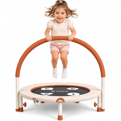 Happin® 36'' Toddler Trampoline Indoor, Foldable Mini Trampoline for Kids Ages 2-6, ASTM Certified, Adjustable Handle, Safety Pad for Indoor & Outdoor, Baby Trampolines, for Boy & Girl - color: Beige and Orange