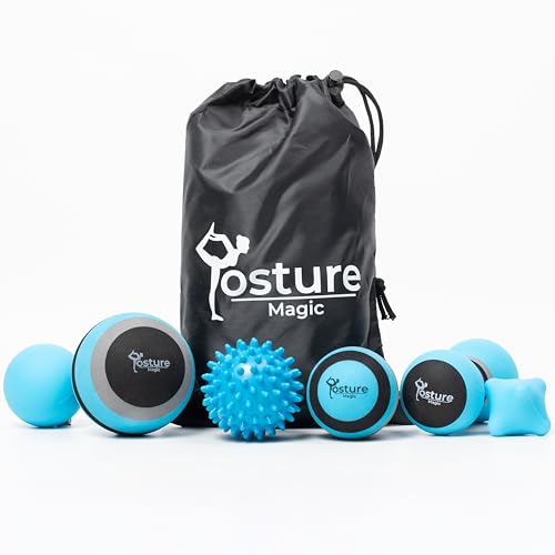 Massage Ball Set for Myofascial Trigger Point Release & Deep Tissue Massage - Set of 6 - Large Foam/Small Foam/Lacrosse/Peanut/Spiky/Hand Exercise Ball (Blue)