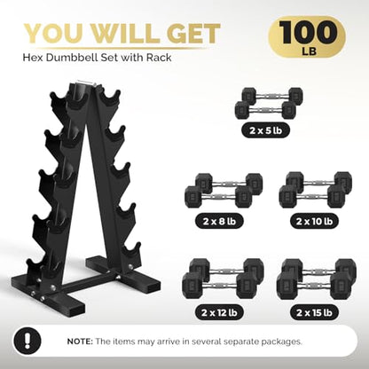Hex Dumbbell Set with Rack (5lb-230lb), Rubber Encased Cast Iron Free Weights for Total Body Workouts, Easy Storage and Stable Dumbbell Sets for Home Garage Gym