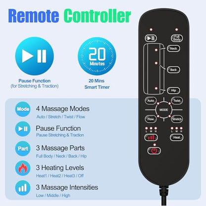 Full Body Massage Mat with Heat, 3D Stretching Back Massager Pad for Bed Sofa Floor, Lumbar & Neck Support, 4 Modes 3 Intensities 3 Heat Levels, Portable & Foldable, PU Leather, Gift for Dad/Mom