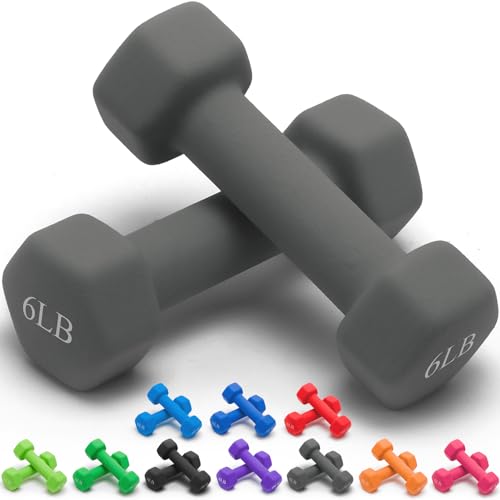 Portzon 8 Colors Options Compatible with Set of 2 Rubber Dumbbell Weight, 5-50 LB, Anti-Slip, Anti-roll, Hex Shape - color: Gray, size: 06-Pound,Pair, style: Neoprene Dumbbells