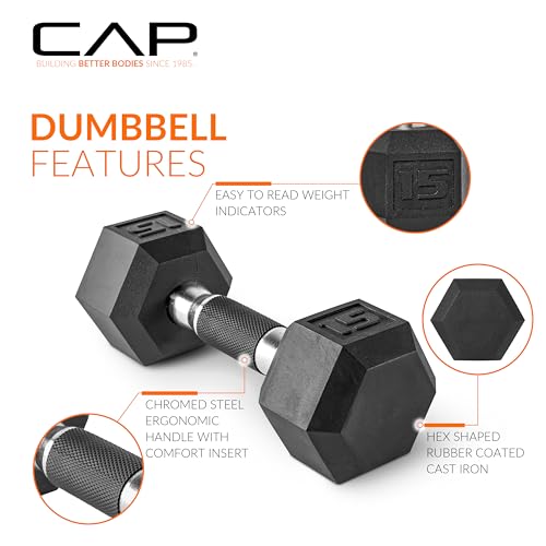 CAP Rubber Coated Dumbbell Weights, Free Weights for Home Gym Strength Training, Anti-Roll Hex Dumbbells with Black, Chrome & Comfort Grip Handles, Singles - size: 10 lb, style: Comfort Grip