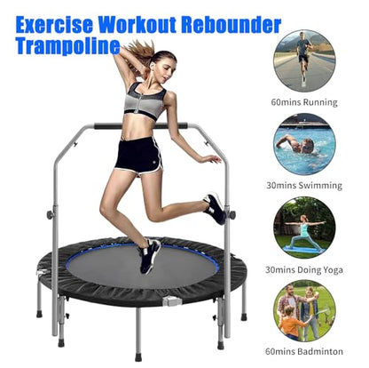 48" Foldable Mini Trampoline for Kids & Adults, Fitness Rebounder with 5-Level Adjustable Foam Handle, Max Load 450 lbs, Indoor/Outdoor Exercise Trampoline for Home Workouts (Silver)