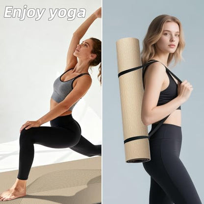 Large Exercise Mat | 10mm Thick TPE Non-slip Gym Mats, Carrying Strap - color: beige/black