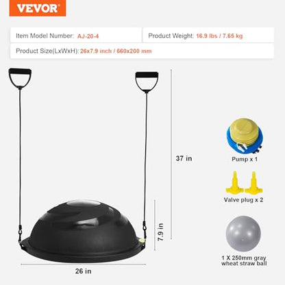 VEVOR Half Exercise Ball Trainer, 23/26 inch Balance Ball Trainer, 1500lbs Capacity Stability Ball, Yoga Ball with Resistance Bands & Foot Pump, Strength Fitness Ball for Home Gym Full Body Workout - color: 26" Waterflow Black