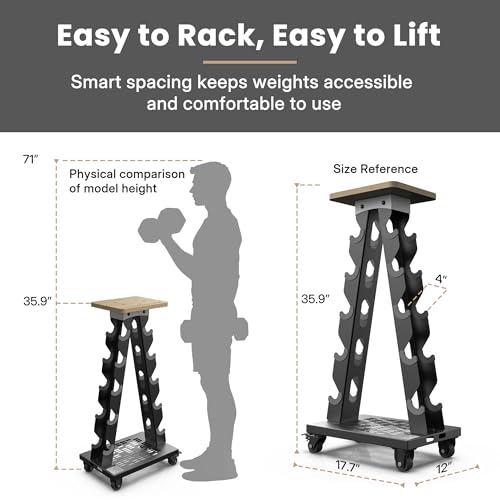 Vertical Dumbbell Rack Stand with Wheels, 5-Tier A-Frame Mobile Weight Storage for Dumbbells, 300LBS Capacity Professional Solid Steel with Training Assist Platform & Bottom Tray, Perfect for Home Gym Fitness Organization (Rack Only)