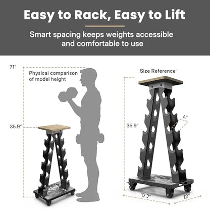 Vertical Dumbbell Rack Stand with Wheels, 5-Tier A-Frame Mobile Weight Storage for Dumbbells, 300LBS Capacity Professional Solid Steel with Training Assist Platform & Bottom Tray, Perfect for Home Gym Fitness Organization (Rack Only)