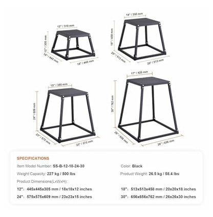 Plyometric Jump Boxes Set, 12/18/24/30 Inch Plyo Box for Fitness, Jumping Agility Platform for Strength Training, Step Up Box for Home Gym - Black