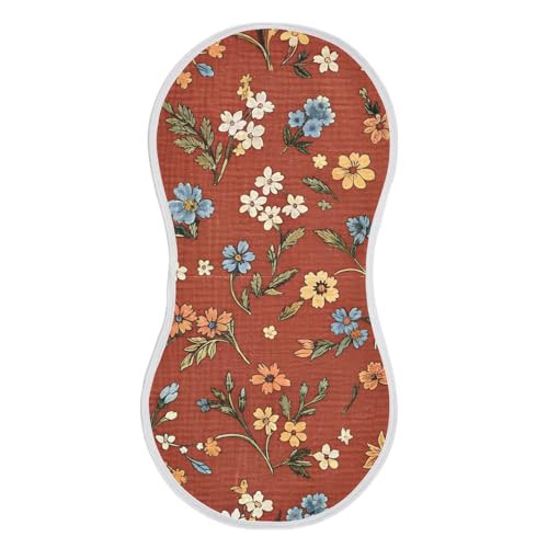 Boho Floral Red Orange Muslin Burp Cloths 1 Pack - Extra Large 22"x11", 4-Layer Soft Absorbent Cotton, Waterproof Backing, Baby Drool Rags for Newborn