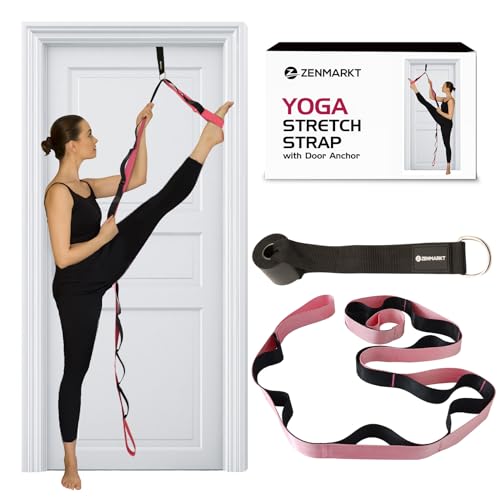 10-Loop Yoga Strap with Door Anchor – Stretch Strap for Flexibility, Deep Stretching, and Improved Balance – Perfect Yoga Accessory for All Fitness Levels - color: Pink