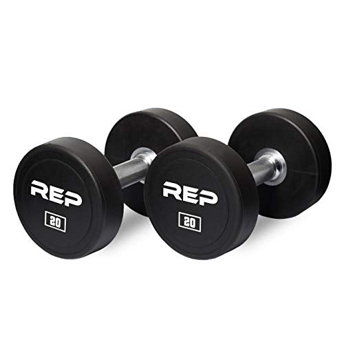 REP Fitness Urethane Coated Round Dumbbells, 5 to 100 lbs, Singles or Pairs, With or Without Rack, Steel Core, Rubber Encased, Chrome Handles, Professional Weights for Home Gym Strength Training