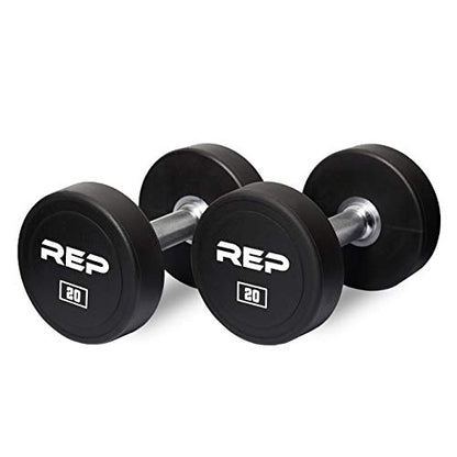 REP Fitness Urethane Coated Round Dumbbells, 5 to 100 lbs, Singles or Pairs, With or Without Rack, Steel Core, Rubber Encased, Chrome Handles, Professional Weights for Home Gym Strength Training