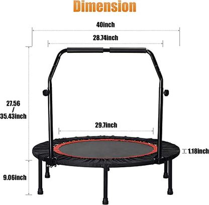 40'' Fitness Trampoline with 4 Levels Height Adjustable Foam Handle, Foldable Mini Rebounder for Adults Home Indoor Workout, 6-Leg Exercise Trampoline, Max Load 330lbs