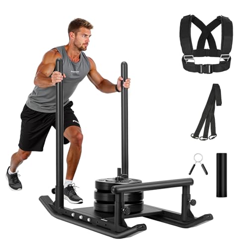 VEVOR Football Sleds and Chutes, Weight Sled, Football Training Pull Push Running Sled, Fitness Workout Sled Push Gym Equipment, Adjustable Height Handle, Compatible 1/2 in Weight Plates - style: Multi Handle-BK
