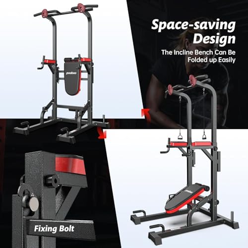 Pooboo Power Tower Dip Station Pull Up Bar for Fitness Home Gym Workout,450 Pounds Multi-Function Adjustable Height Fitness Strength Training Exercise Equipment,with Power Elastic Ropes