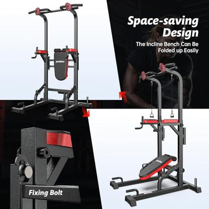 Pooboo Power Tower Dip Station Pull Up Bar for Fitness Home Gym Workout,450 Pounds Multi-Function Adjustable Height Fitness Strength Training Exercise Equipment,with Power Elastic Ropes