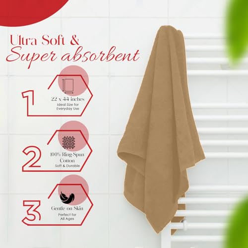 RIVERSIDE 100% Ring-Spun Cotton Bath Towels Set of 4 22 x 44 - Soft, Quick Dry & Highly Absorbent Towels for Shower & Bathroom - 450 GSM Lightweight Cotton Towels for Spa, Gym, Hotel- (Tan)