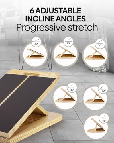 Wooden Slant Board for Calf Stretching - 6 Adjustable Angles, 400 Lbs Capacity Calf Stretcher Slant Board for Squats, Knees, Ankle, Leg, Heel & feet, Squat Wedge & Physical Therapy Equipment