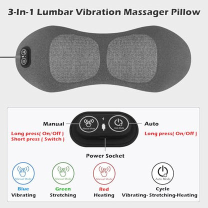 Triple Fusion Back Massager with Heat, Vibration and Traction for Sciatica Pain Relief, 3-in-1 Electric Lumbar Support Pillow Device for Lower Back Pain in Bed, Chair, Couch