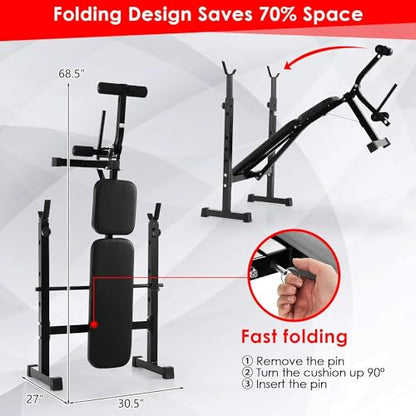 GYMAX Adjustable Weight Bench, Foldable Weight Bench with Squat Racks, Leg Extension & Leg Curl, Strength Training Workout Bench Press, Olympic Weight Lifting Bench Set for Home Gym