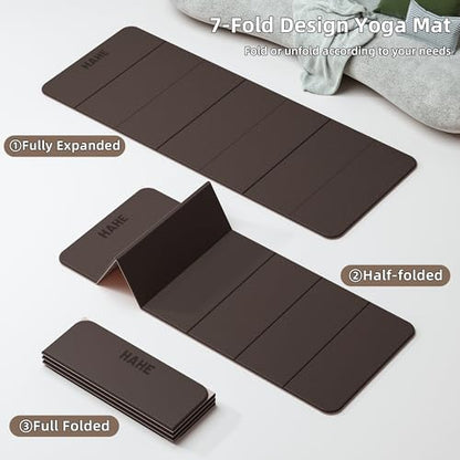 HAHE 7-Fold Design Extra Thick Yoga Mat 72"L x 24"W x 0.47",TPE Fitness Exercise Mats, Non-Slip Foldable Yoga Mat, High Density, Portable for Men & Women, Yoga, Pilates, Home Gym - color: Brown & Beige