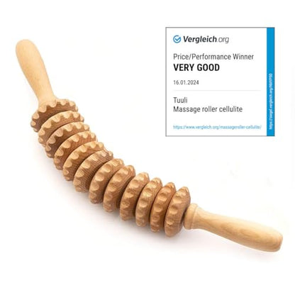Tuuli Wooden Massage Roller for Waist and Thigh, Multi-Functional Body Roller for Cellulite Reduction and Muscle Tension, Natural Massager for Women and Men (Curved)