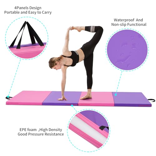 ZENOVA Gymnastics Mat 6'x3'x2''/4'x8'x2'' Exercise Mat Gym Mat for Home Aerobics Workout Foldable Tumbling Mat Children Gifts - color: 3FT x 6FT --Pink&Purple
