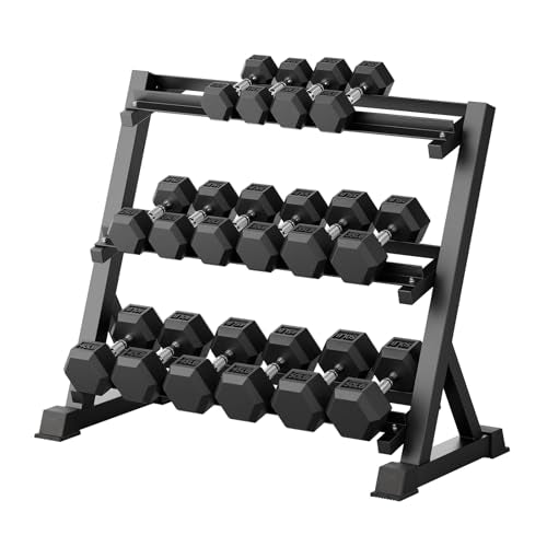 RitFit Rubber Coated Hex Dumbbell Set with Rack, 5-780LB for Home Gym Strength Training, Anti-Slip Knurled Handle, Hexagon Anti-Roll, Heavy-Duty Storage Rack - style: 520LB Set-3-Tier Rack (15-50LB）