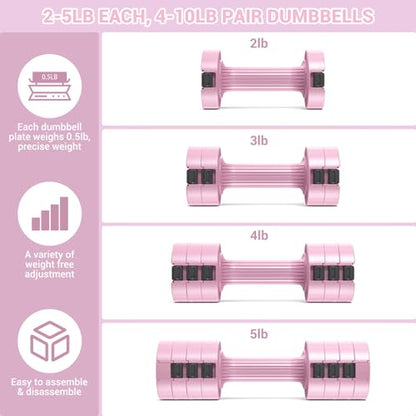 Sportneer Adjustable Dumbbells Hand Weights Set: 5 lb Dumbbell Set of 2 Each 2lb 3lb 4lb 5lb Free Weights Fast Adjust Weight 4 In 1 Weights Dumbbells Set for Women Men Home Gym Exercise Training - color: Pink