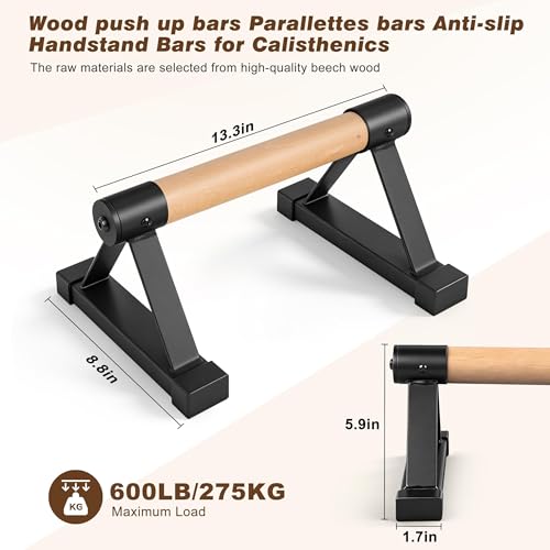 Wood Push Up Bars Parallettes Bars with Rubber Feet, Anti-slip Handstand Bars for Calisthenics, Equipment for Home, Push Up Handles for Floor, Handstand Push Up Handles, Support 600 LB