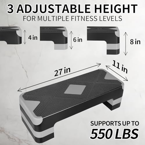 27" Aerobic Exercise Step Adjustable Aerobic Stepper for Exercise Workout Step Platform for Step Up, Step Deck with 4” 6” 8” Adjustable Height Risers