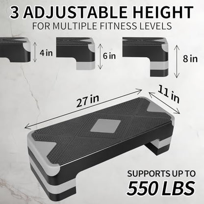 27" Aerobic Exercise Step Adjustable Aerobic Stepper for Exercise Workout Step Platform for Step Up, Step Deck with 4” 6” 8” Adjustable Height Risers