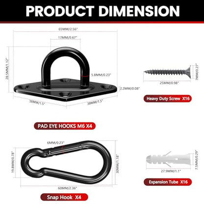 sprookber 304 Stainless Steel Pad Eye Snap Hook, M6 Ceiling Hook 800Lb,8Pcs - size: 2.3 inch, style: Black Rhombus