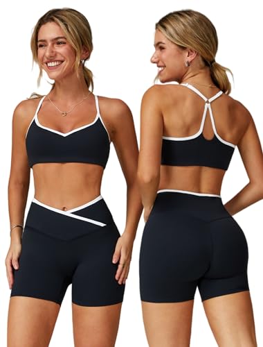 ABOCIW Workout Sets for Women 2 Piece Color Block Strappy Sports Bra Crossover High Waist Shorts Gym Yoga Pilates Outfits - color: Blue, size: Small