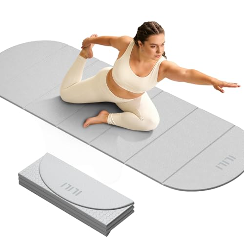 ILILI Foldable Yoga Mat-Semicircular, 10mm Thick, TPE Material, Extra Long 75"L x 26"W, Soft and Comfortable Folding Oval Mat 0.4 Inches, Easy to Carry and Store, 190*66cm Portable Multi-Functional Use for Yoga, Home Exercise & Outdoor - color: White Grey